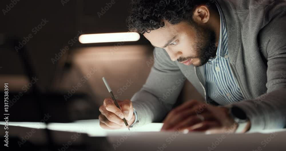 Poster night, designer or man with draft for drawing vehicle sketch or editing skills in office overtime. d