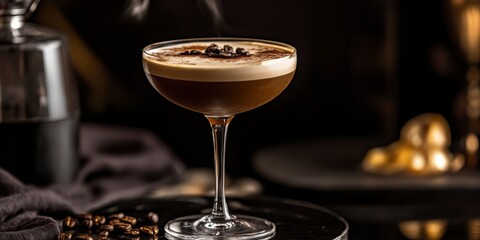 Espresso martini in luxury bar or restaurant menu with cream and foam on kitchen background bokeh