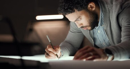 Night, designer or man with draft for drawing vehicle sketch or editing skills in office overtime. Deadline, creative or automotive stylist with car illustration, motor structure or project process
