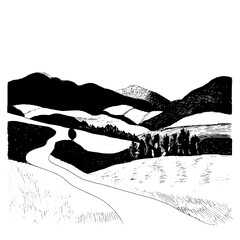 Obraz premium Serene landscape of rolling hills and winding paths evokes tranquility in nature’s embrace