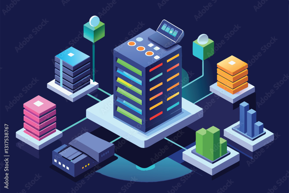 Poster an isometric design showcasing various servers connected, highlighting customizable server status fe