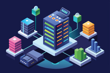 An isometric design showcasing various servers connected, highlighting customizable server status features, Server status Customizable Isometric Illustration