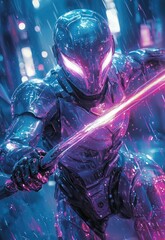 A futuristic warrior wielding a glowing sword in a city