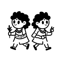 Two playful children enjoying a sunny day in a vibrant village, one holding a vegetable while the other makes a peace sign