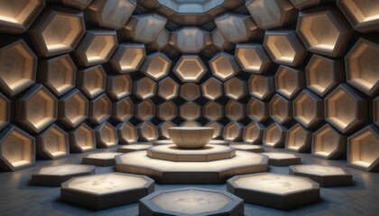Obraz premium Modern Geometric Interior with Honeycomb Pattern and Ambient Light