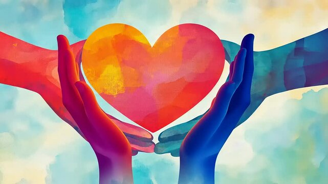 A red heart symbol floats in the blue sky, a romantic cloud shape for Valentine's Day love