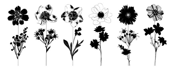 Y2K aesthetic wild flower heads, retro photocopy effect, grunge stipple texture, vector illustration, trendy design, ideal for t-shirt prints, sweatshirt graphic, poster, tee design