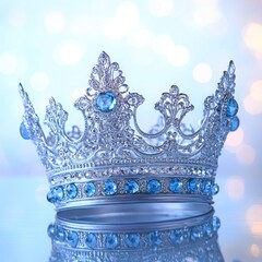 Silver crown with blue gems, shining. Elegant and regal