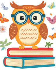 Obraz premium owl Cute cartoon owl wearing glasses, surrounded by colorful butterflies and plants