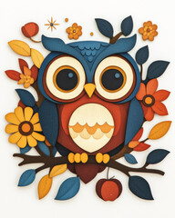 owl colorful owl surrounded by flowers and leaves, showcasing vibrant wood art