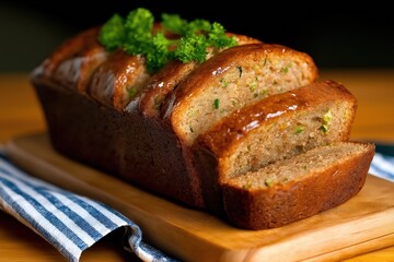 Deliciously moist and fluffy zucchini bread topped with fresh herbs and served on a wooden board