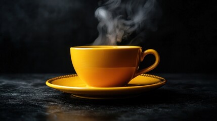 Steaming yellow cup on matching saucer against dark backdrop