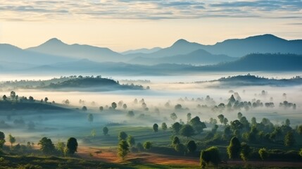 Serene Morning Landscape with Misty Mountains and Lush Greenery
