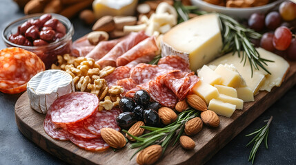 Beautifully arranged charcuterie board with cheeses and nuts