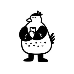 Charming vector illustration of a chicken holding a smartphone with a playful expression in a minimalist style