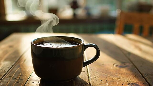 Dampfender schwarzer Kaffee auf Holztisch