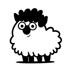 Naklejka premium Whimsical black and white cartoon sheep with playful expression and curly hair standing confidently on a bright background
