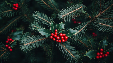 Christmas decorative leaves holly and branches with red berries evergreen winter flower floral plant vector illustration