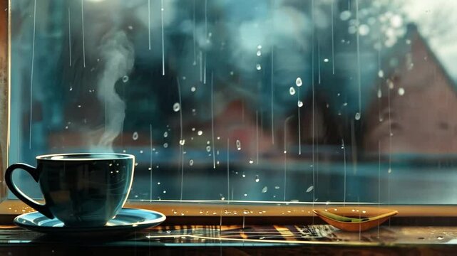 Kaffeetasse am Fenster mit Regentropfen