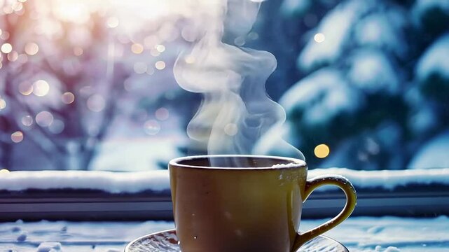 Dampfender Kaffee auf Fensterbank mit Sonnenschein