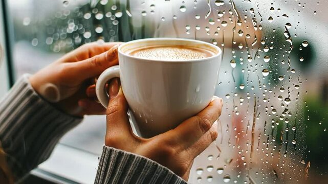 Hand h&auml;lt Kaffeetasse mit Milchkaffee am Fenster