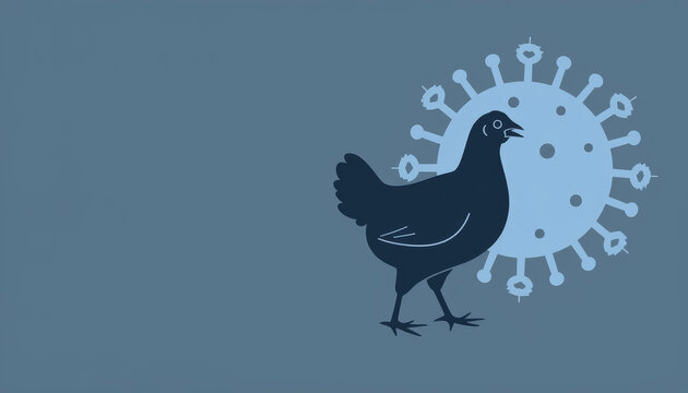Stylized avian flu virus with chicken silhouette, modern infographic