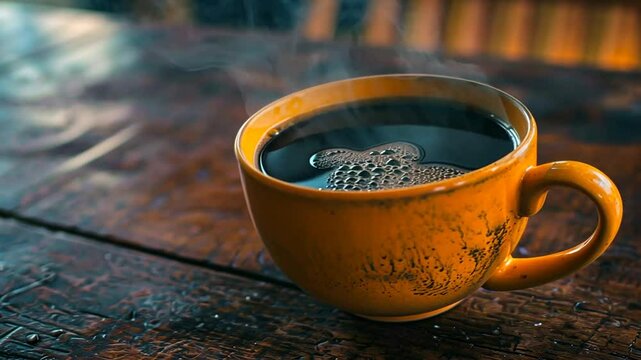 Kaffeetasse mit schwarzem Kaffee auf blauem Tisch