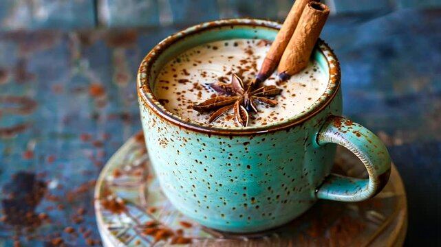 Milchkaffee mit Zimt und Anis dekoriert