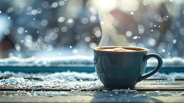 Kaffeetasse auf Fensterbank mit Schneelandschaft