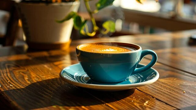 Cappuccino mit Latte Art auf blauer Untertasse