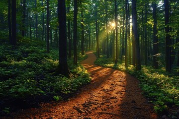 Forest path with sun shining through trees, creating dappled shadows on the ground