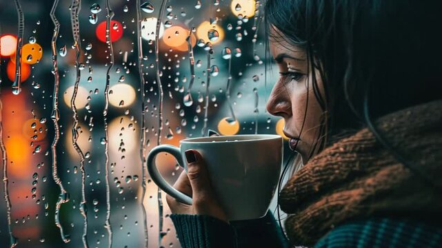Frau trinkt Kaffee an verregnetem Fenster