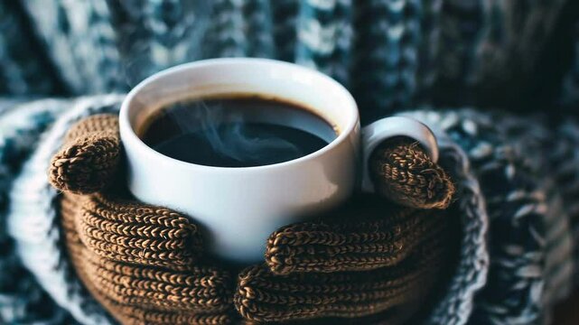 Kaffee in gestricktem Schal serviert f&uuml;r Gem&uuml;tlichkeit