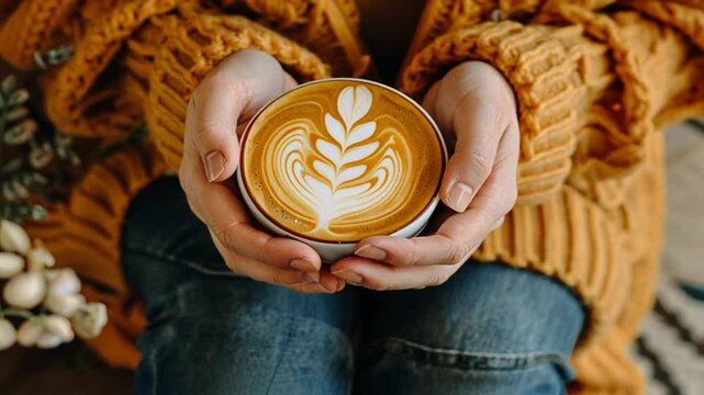 H&auml;nde halten Cappuccino mit Latte Art Motiv