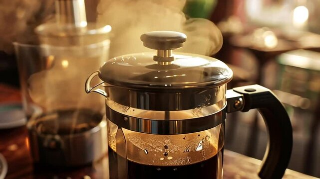 Filterkaffee in Glaskanne mit Dampf auf Tisch