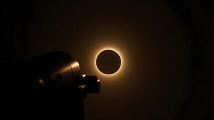 "Generate an image of a solar eclipse as seen through a telescope, focusing on the moon obscuring the sun. The bright corona should be visible around the edges, with the telescope in the foreground, c