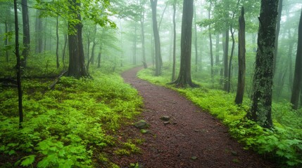 Obraz premium Tranquil Forest Pathway Amidst Lush Greenery and Misty Atmosphere