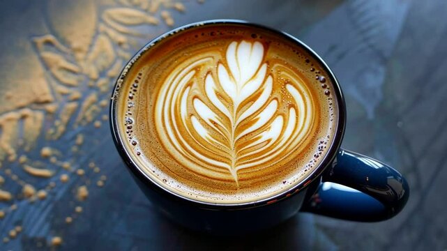 Detailaufnahme von Cappuccino mit Latte Art Bl&auml;ttermotiv