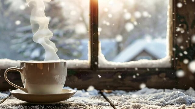 Kaffee auf Fensterbrett mit Schneefall im Hintergrund