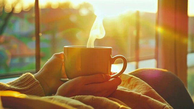 Person genie&szlig;t Kaffee im Sonnenuntergang