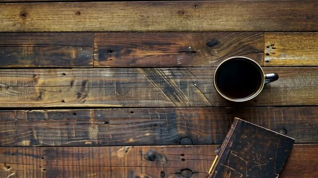 Holztisch mit rustikalem Kaffeearrangement in Caf&eacute;