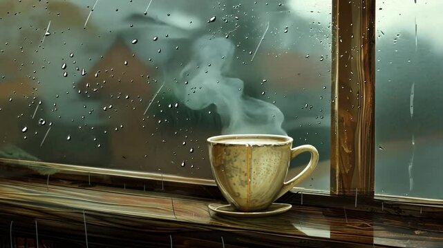 Kaffee im Regen auf Holztisch serviert