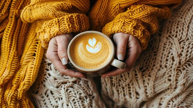 H&auml;nde halten Cappuccino mit Latte Art in Strickjacke