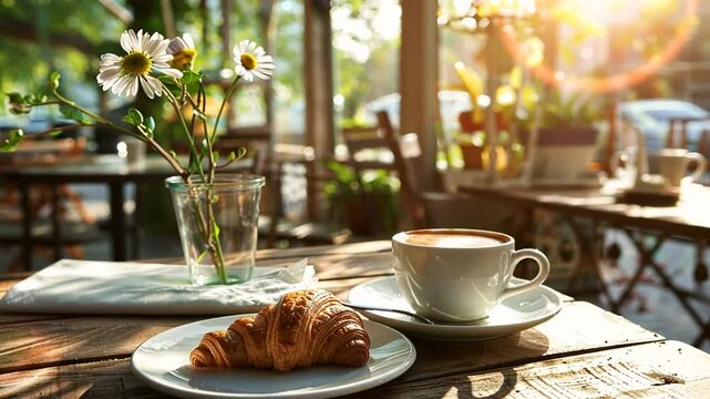Kaffee mit Croissant bei Sonnenaufgang auf Tisch