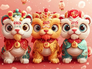 Obraz premium Adorable Cartoon Lion Dance Characters for Lunar New Year Celebrations