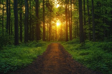 Obraz premium Forest path with sunlight shining through trees