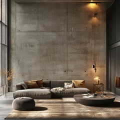 A modern living room with a concrete wall and sofa