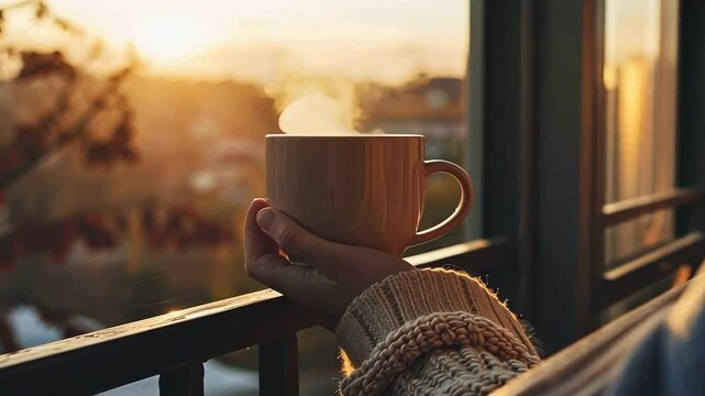 Kaffeetasse in Sonnenuntergang mit gem&uuml;tlicher Atmosph&auml;re