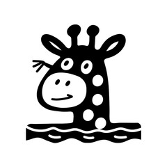 Fun and whimsical black and white vector of a smiling giraffe happily peeking out from water with playful waves