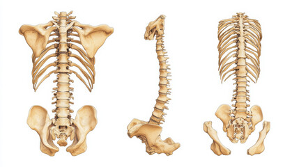 Obraz premium Spinal cord schematic diagram with all sections - cervical spine, thoracic spine, lumber spine, sacrum, coccyx. And diagram of vertebra. 